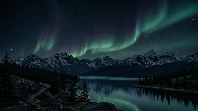 オーロラ夜景 針葉樹林と雪山の湖畔