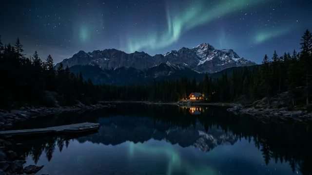 オーロラ夜景 森の湖畔に灯るログハウス