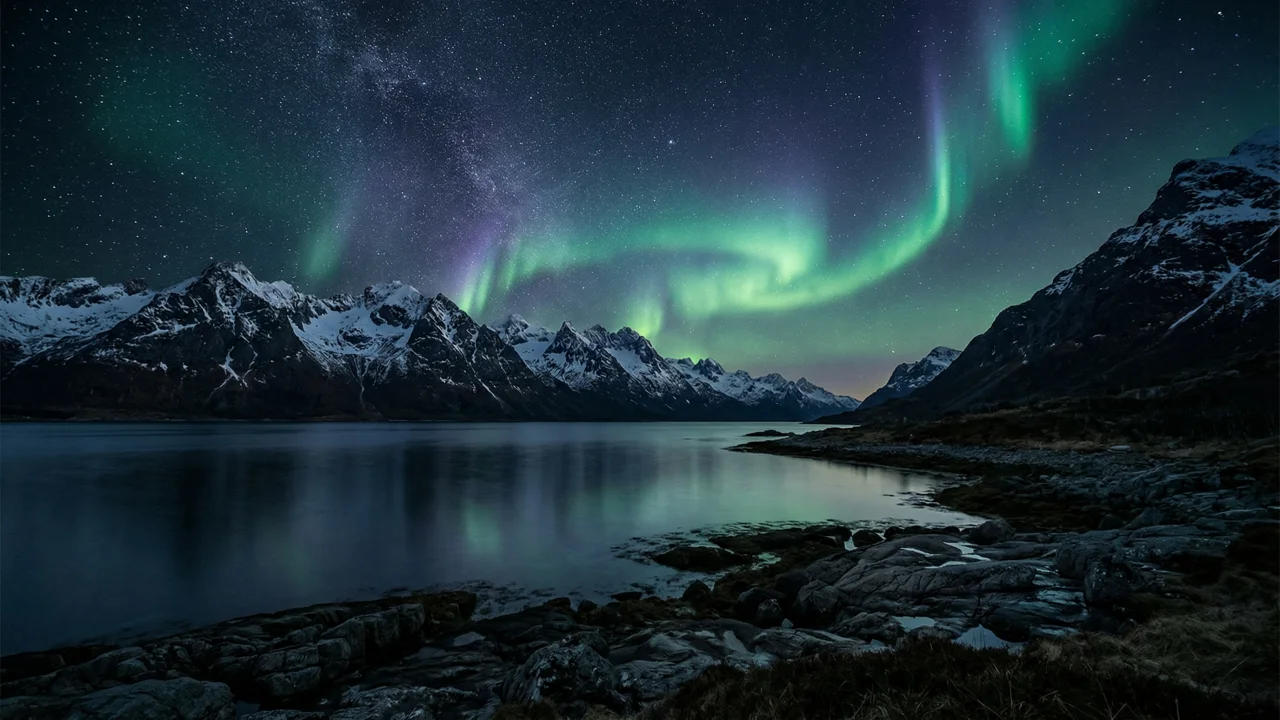 オーロラ夜景 雪山と湖のリフレクション デスクトップPC壁紙、背景画像