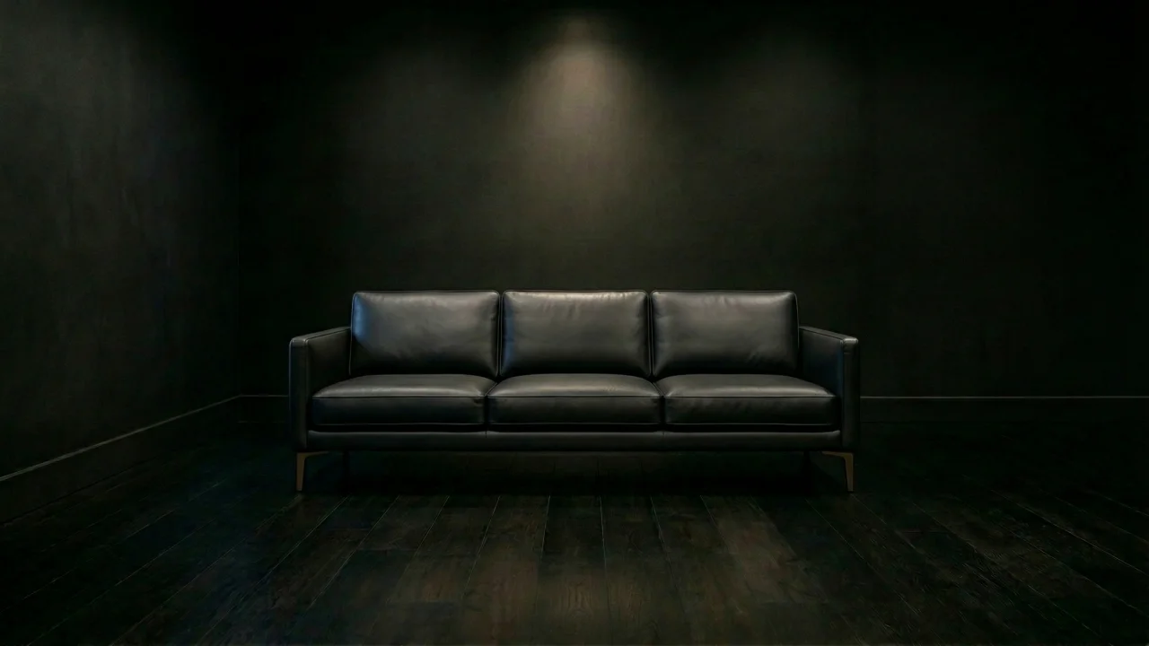 暗闇に佇む黒い3シーターレザーソファ デスクトップPC壁紙、背景画像