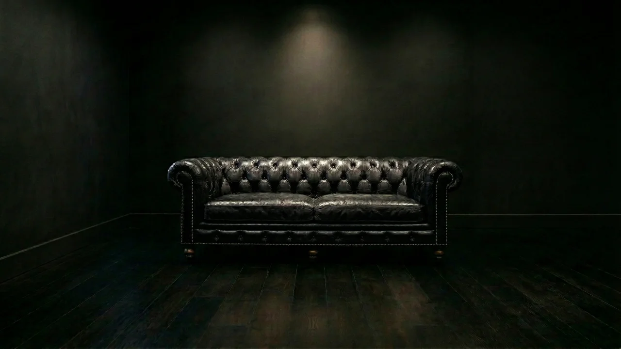暗闇に佇む黒いチェスターフィールドソファ デスクトップPC壁紙、背景画像