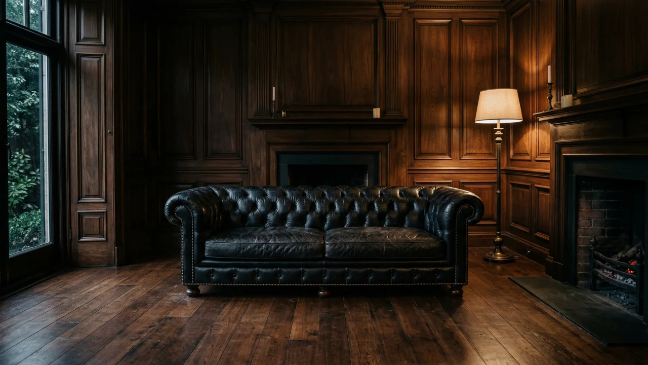 暖炉のある英国風書斎と黒いチェスターフィールドソファ デスクトップPC壁紙、背景画像