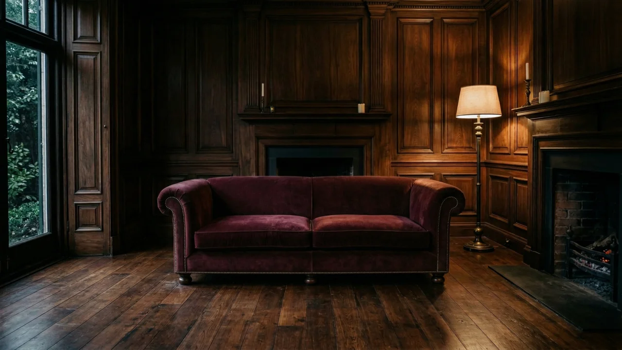 暖炉のある英国風書斎とバーガンディのベルベットソファ デスクトップPC壁紙、背景画像