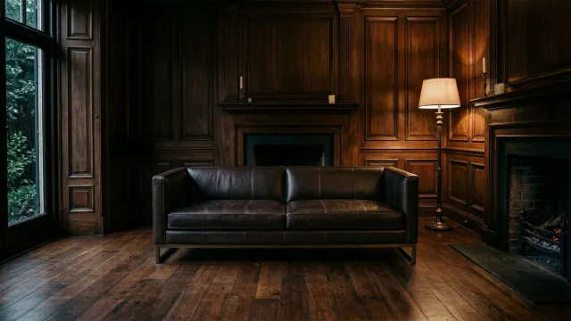 暖炉のある英国風書斎とダークブラウンのモダンレザーソファ