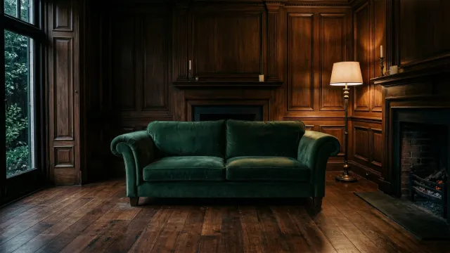 暖炉のある英国風書斎とエメラルドグリーンのベルベットソファ