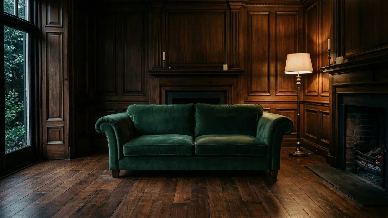 暖炉のある英国風書斎とエメラルドグリーンのベルベットソファ デスクトップPC壁紙、背景画像