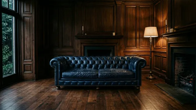 暖炉のある英国風書斎とネイビーのチェスターフィールドソファ