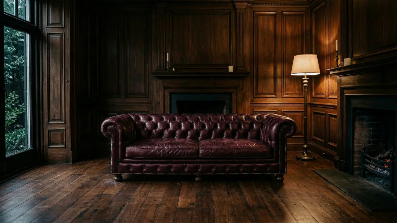 暖炉のある英国風書斎とワインレッドのチェスターフィールドソファ デスクトップPC壁紙、背景画像