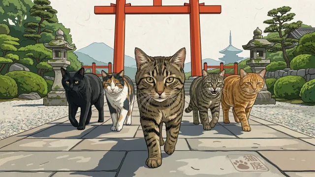 神社を闊歩する猫の軍団 イラスト