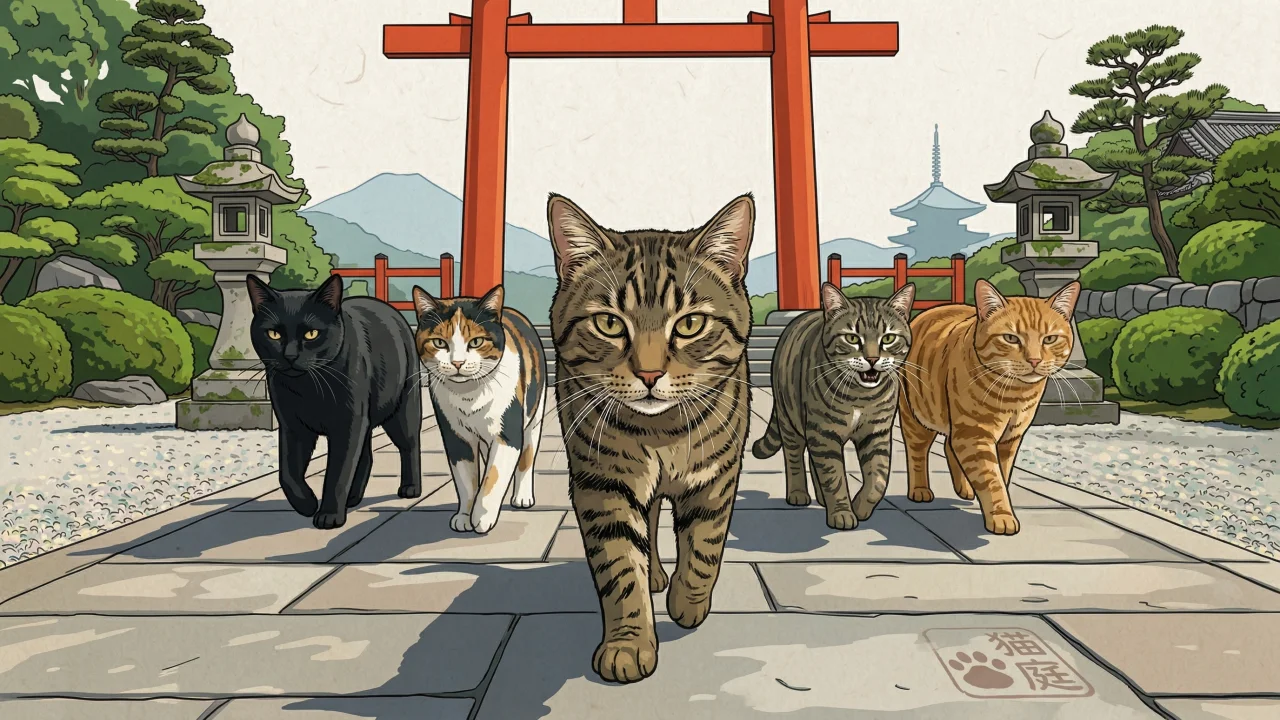 神社を闊歩する猫の軍団 イラスト デスクトップPC壁紙、背景画像