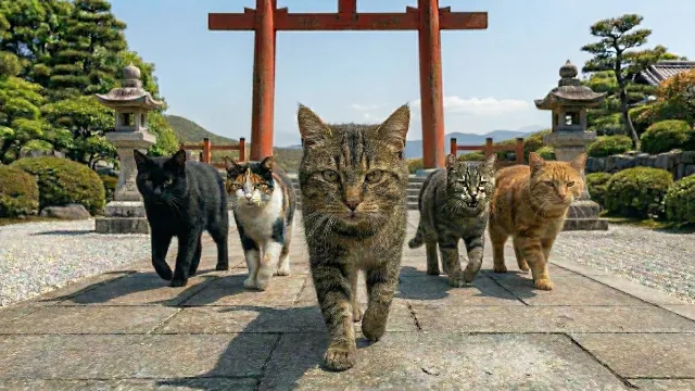 神社を闊歩する猫の軍団