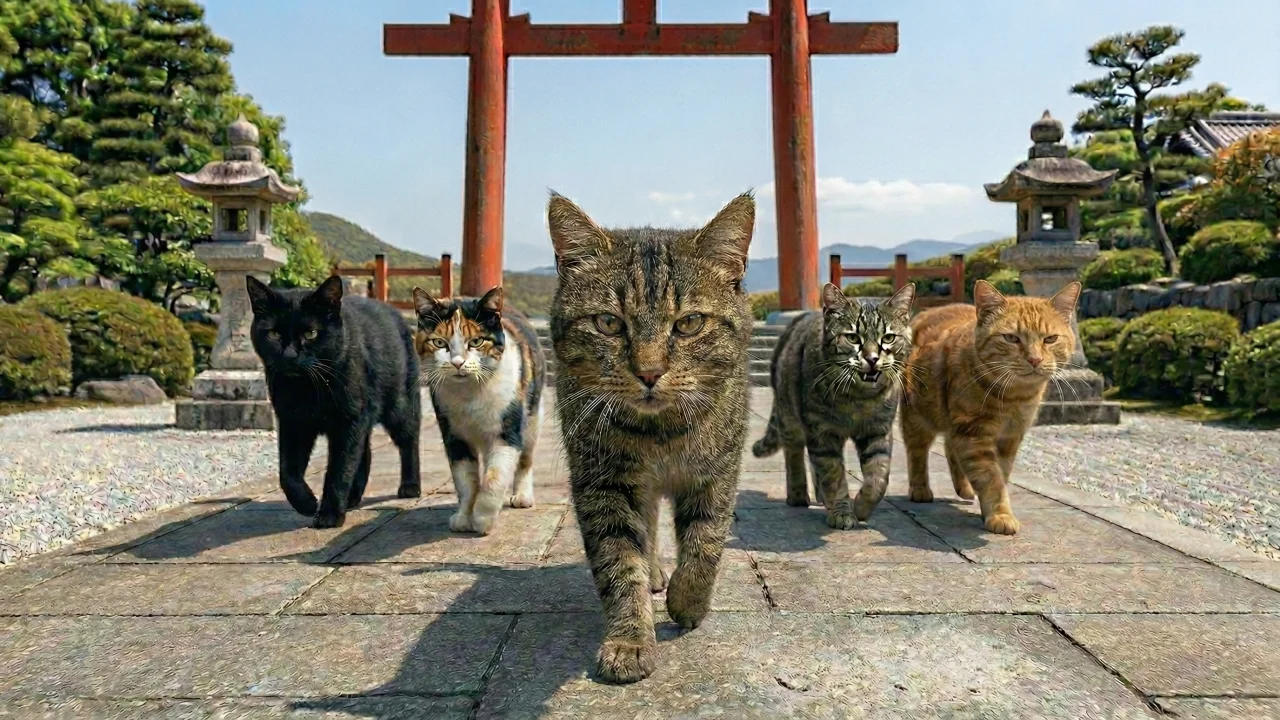 神社を闊歩する猫の軍団 デスクトップPC壁紙、背景画像
