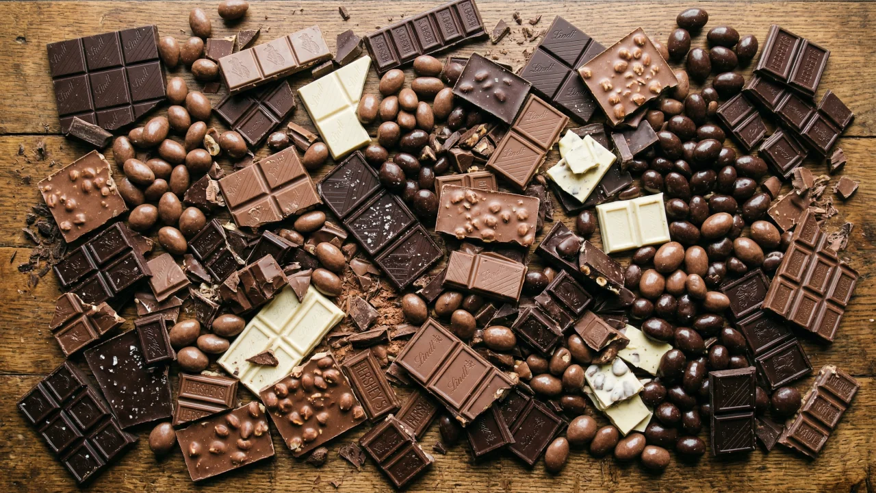 チョコレートとアーモンドが散りばめられたトップダウンビュー 2 デスクトップPC壁紙、背景画像