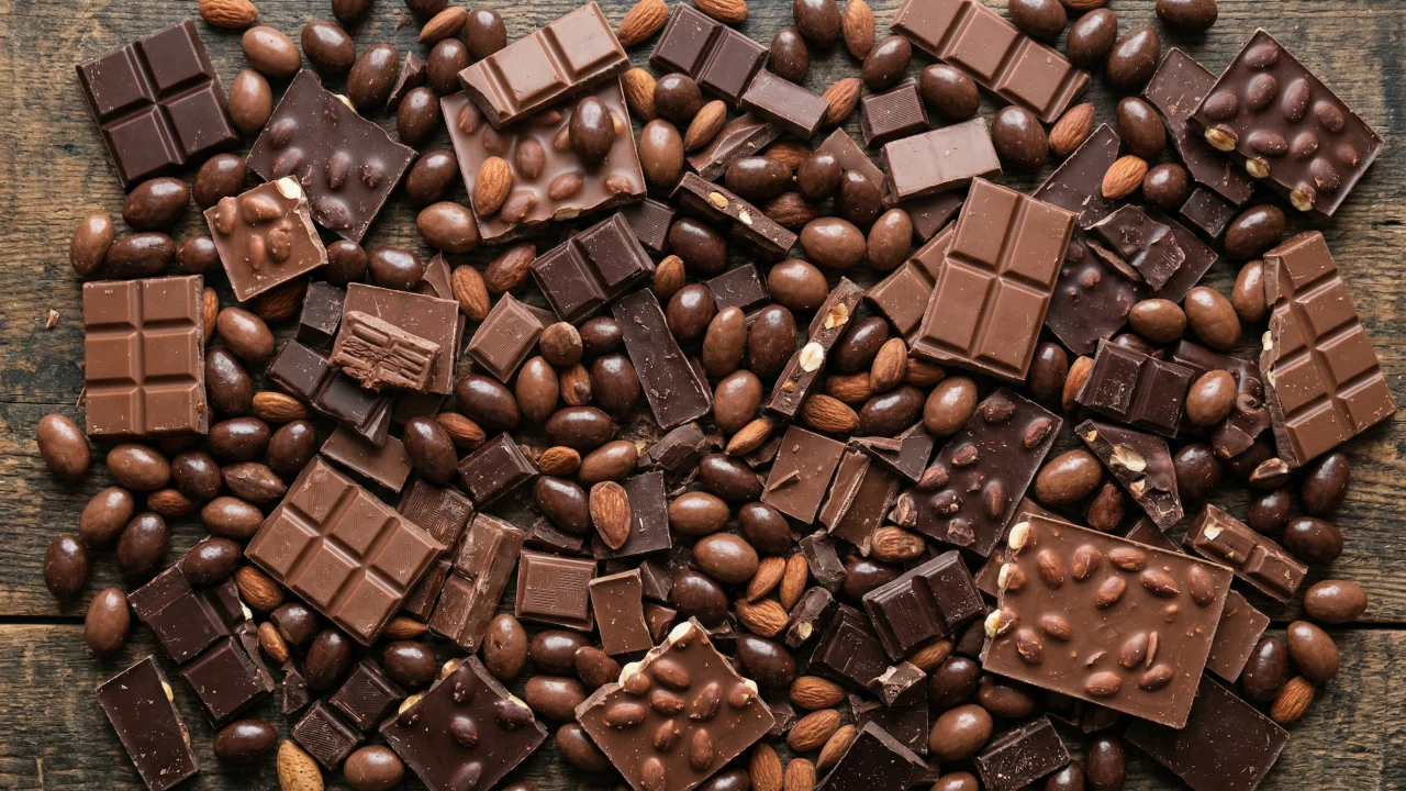 チョコレートとアーモンドが散りばめられたトップダウンビュー 3 デスクトップPC壁紙、背景画像
