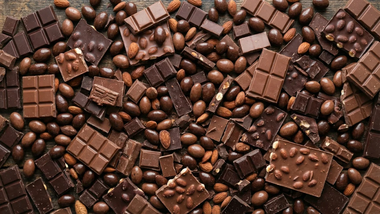 チョコレートとアーモンドが散りばめられたトップダウンビュー 4 デスクトップPC壁紙、背景画像