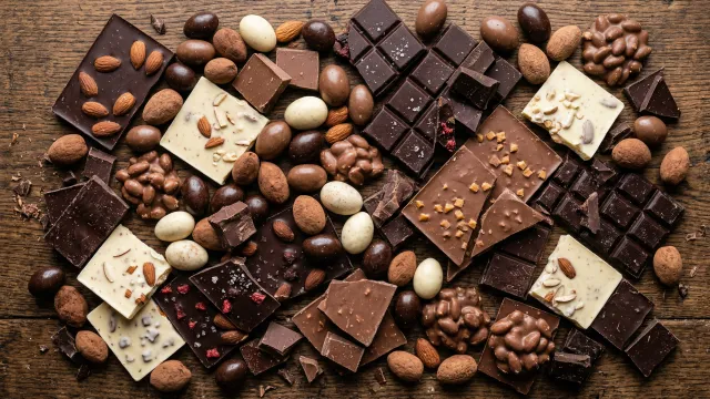 チョコレートとアーモンドが散りばめられたトップダウンビュー