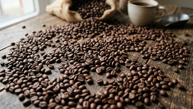 コーヒー豆と木製テーブル