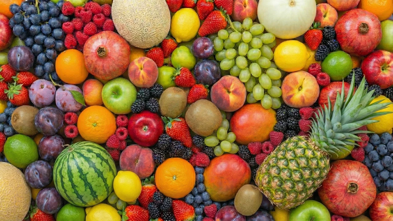 カラフルなフルーツが敷き詰められたトップダウンビュー デスクトップPC壁紙、背景画像