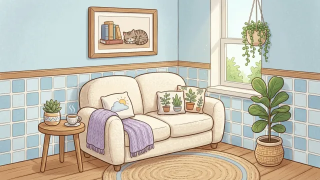 猫の絵が飾られた可愛いリビングルーム