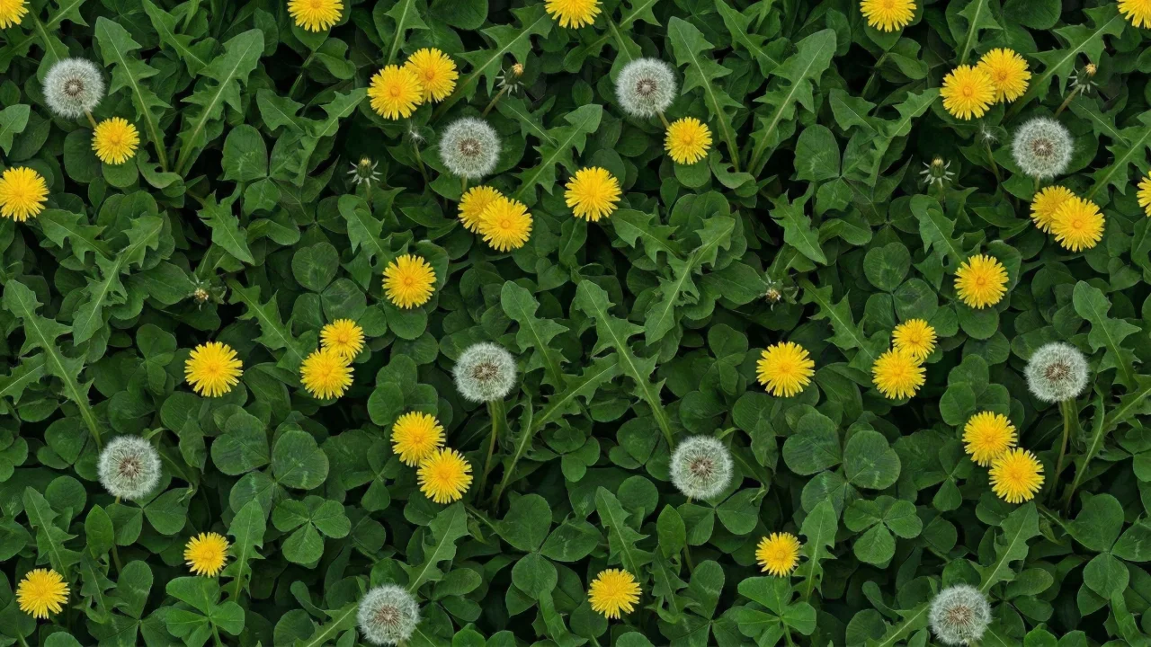 タンポポとクローバーの草原 デスクトップPC壁紙、背景画像