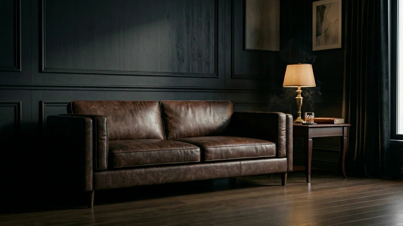 ダークラグジュアリーなリビングルーム（ブラウンレザーソファ） デスクトップPC壁紙、背景画像