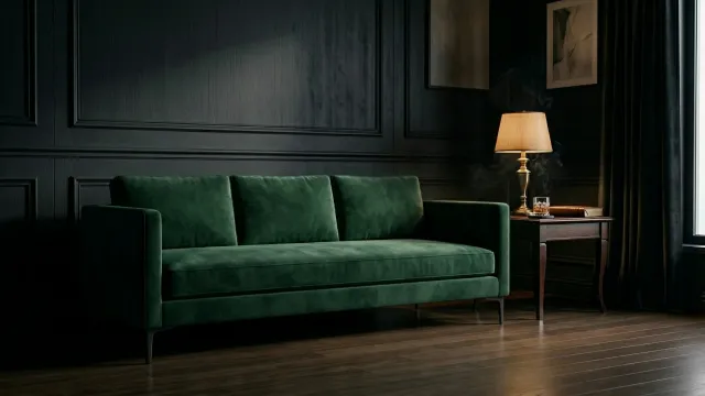 ダークラグジュアリーなリビングルーム（エメラルドグリーンベルベットソファ）