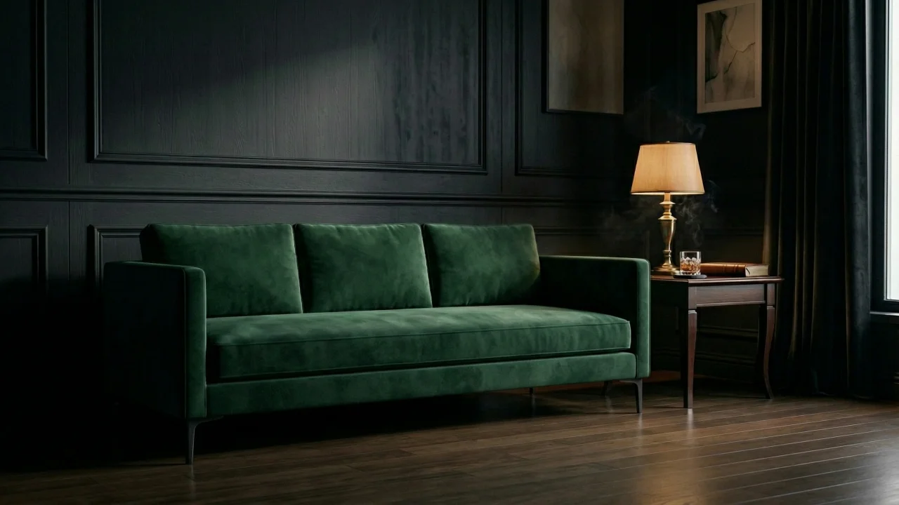 ダークラグジュアリーなリビングルーム（エメラルドグリーンベルベットソファ） デスクトップPC壁紙、背景画像