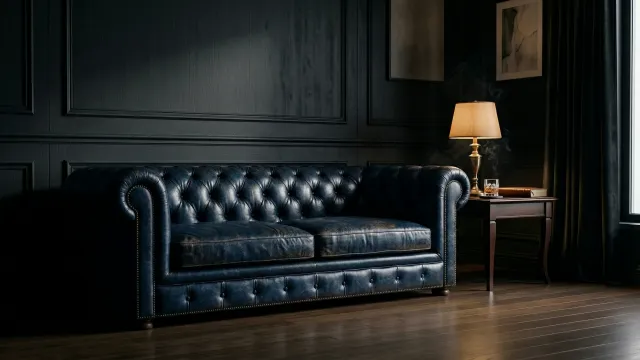 ダークラグジュアリーなリビングルーム（ネイビーチェスターフィールドソファ）