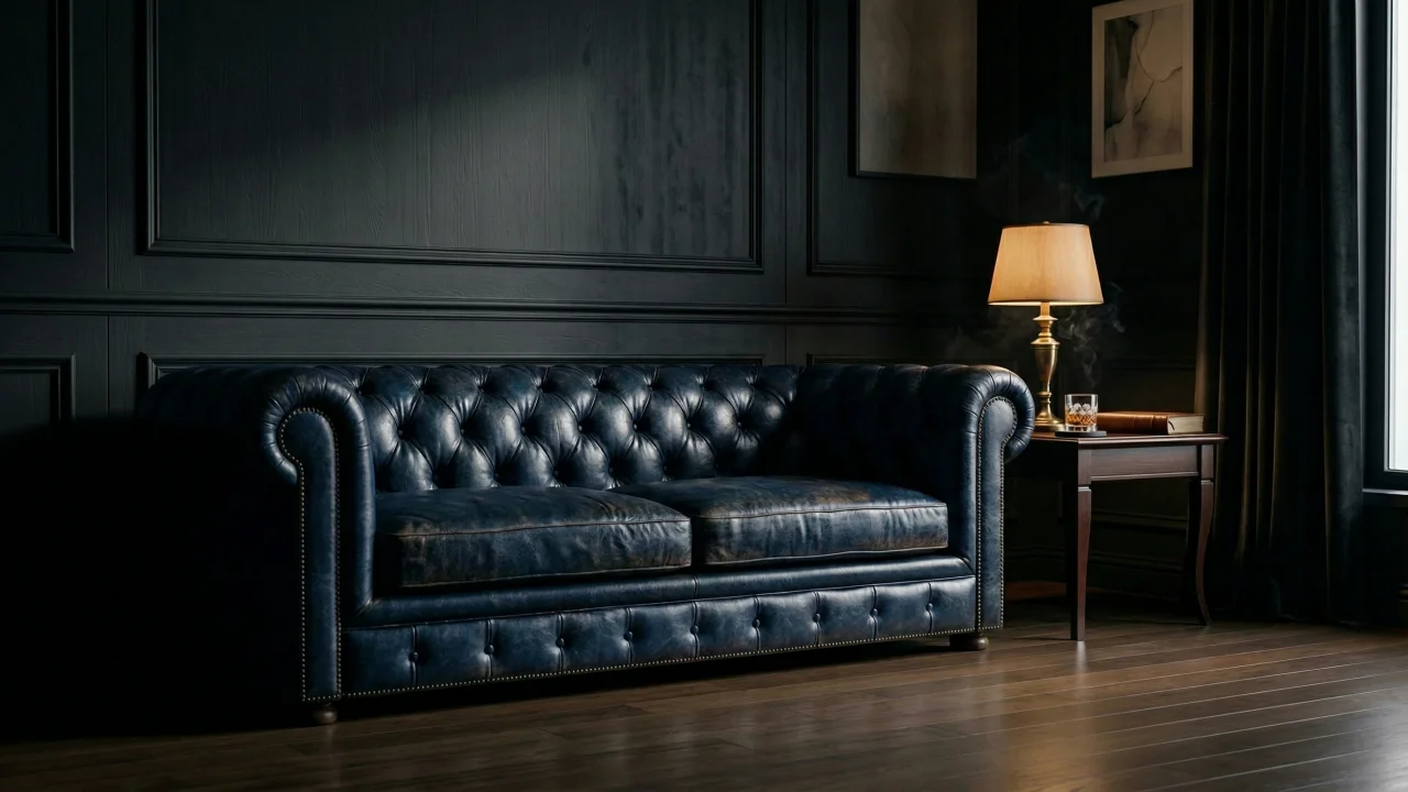 ダークラグジュアリーなリビングルーム（ネイビーチェスターフィールドソファ） デスクトップPC壁紙、背景画像