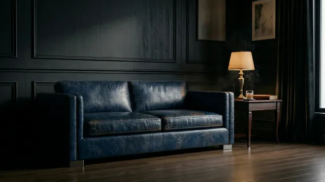 ダークラグジュアリーなリビングルーム（ネイビーレザーソファ）