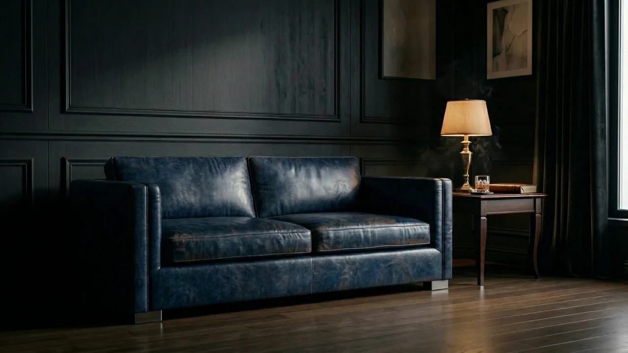 ダークラグジュアリーなリビングルーム（ネイビーレザーソファ） デスクトップPC壁紙、背景画像