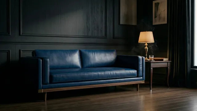 ダークラグジュアリーなリビングルーム（ネイビーミッドセンチュリーソファ）