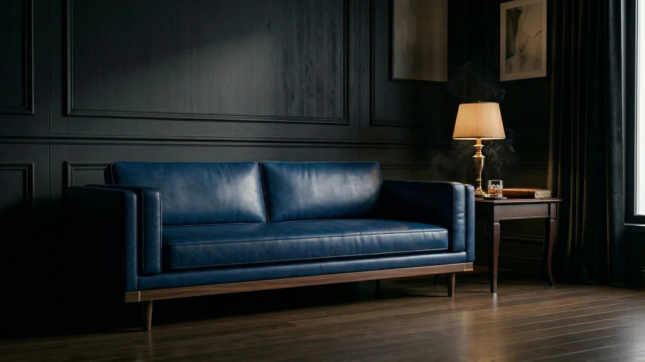 ダークラグジュアリーなリビングルーム（ネイビーミッドセンチュリーソファ） デスクトップPC壁紙、背景画像
