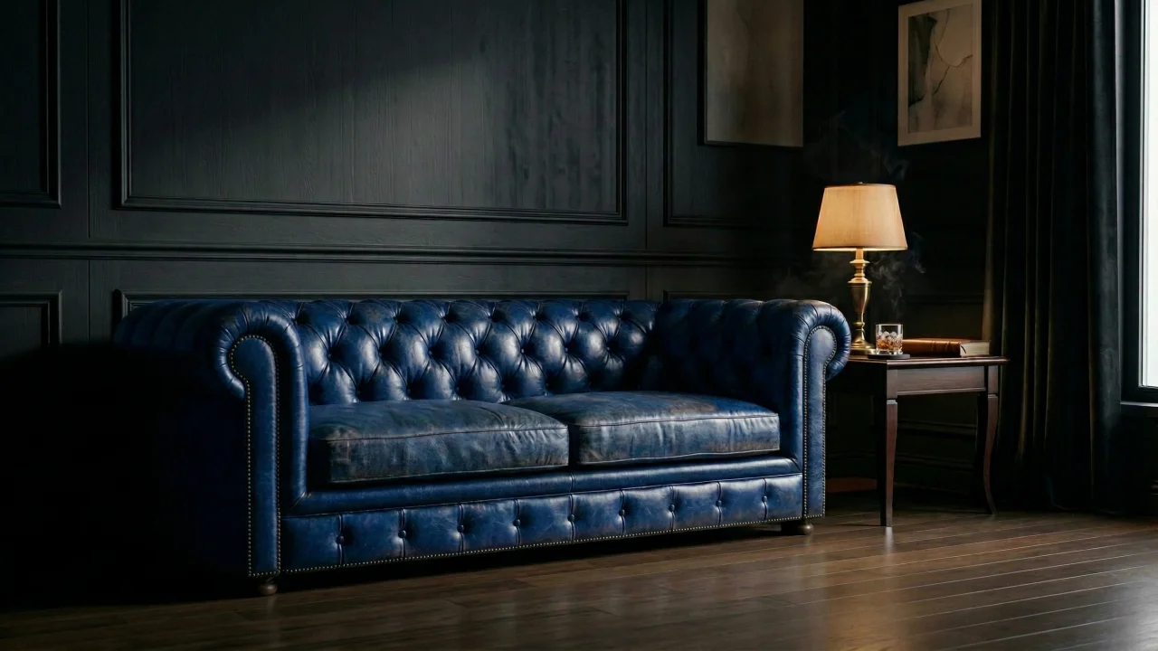 ダークラグジュアリーなリビングルーム（ロイヤルブルーチェスターフィールドソファ） デスクトップPC壁紙、背景画像