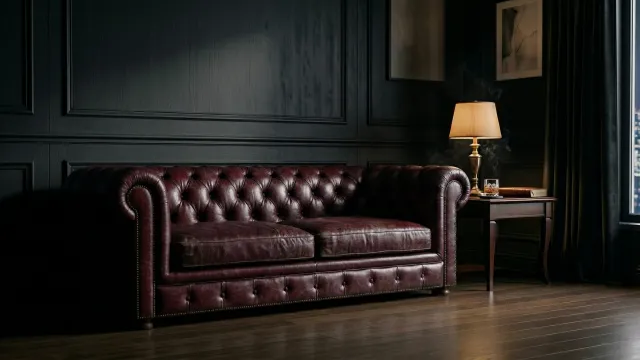 ダークラグジュアリーなリビングルーム（ワインレッドチェスターフィールドソファ）