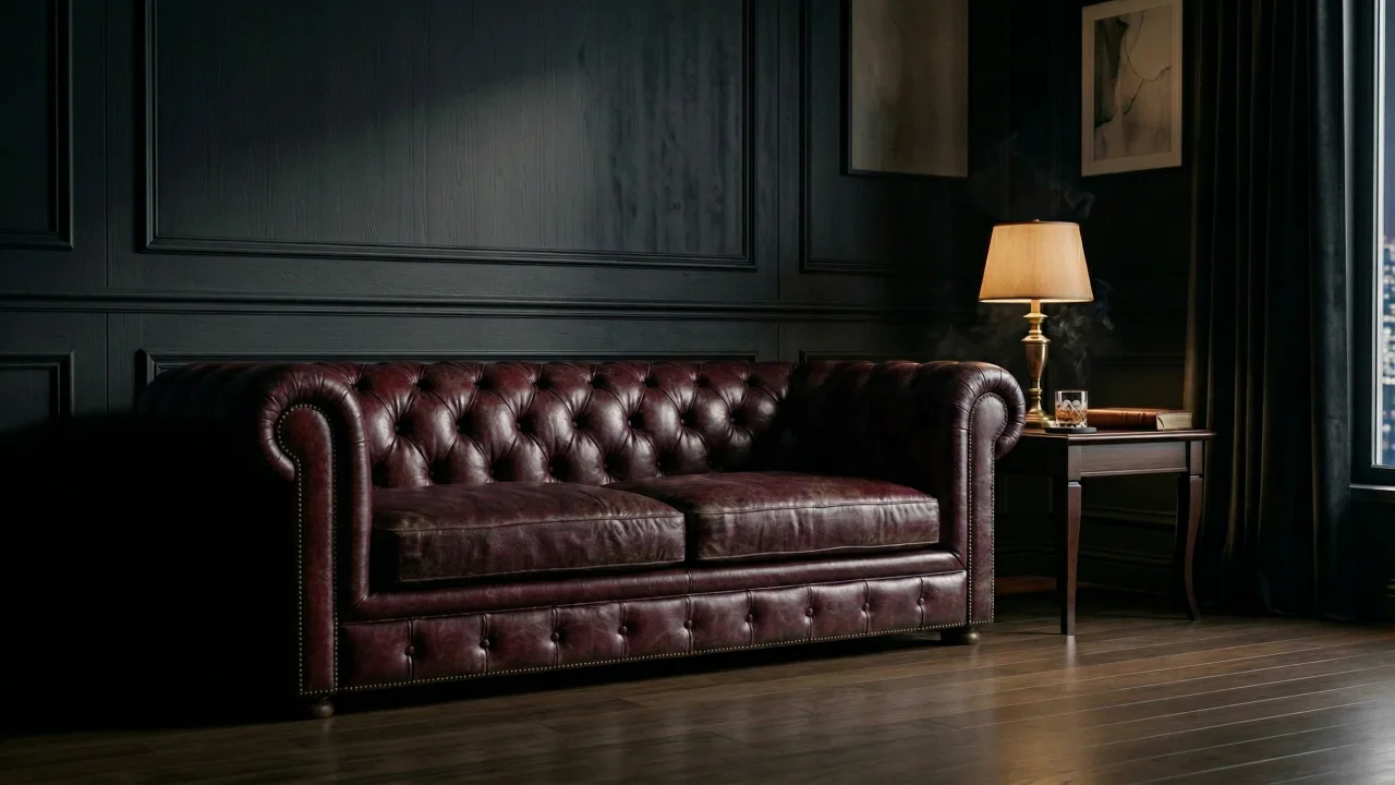 ダークラグジュアリーなリビングルーム（ワインレッドチェスターフィールドソファ） デスクトップPC壁紙、背景画像