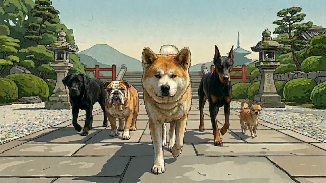 日本庭園を闊歩する犬の軍団（イラスト）