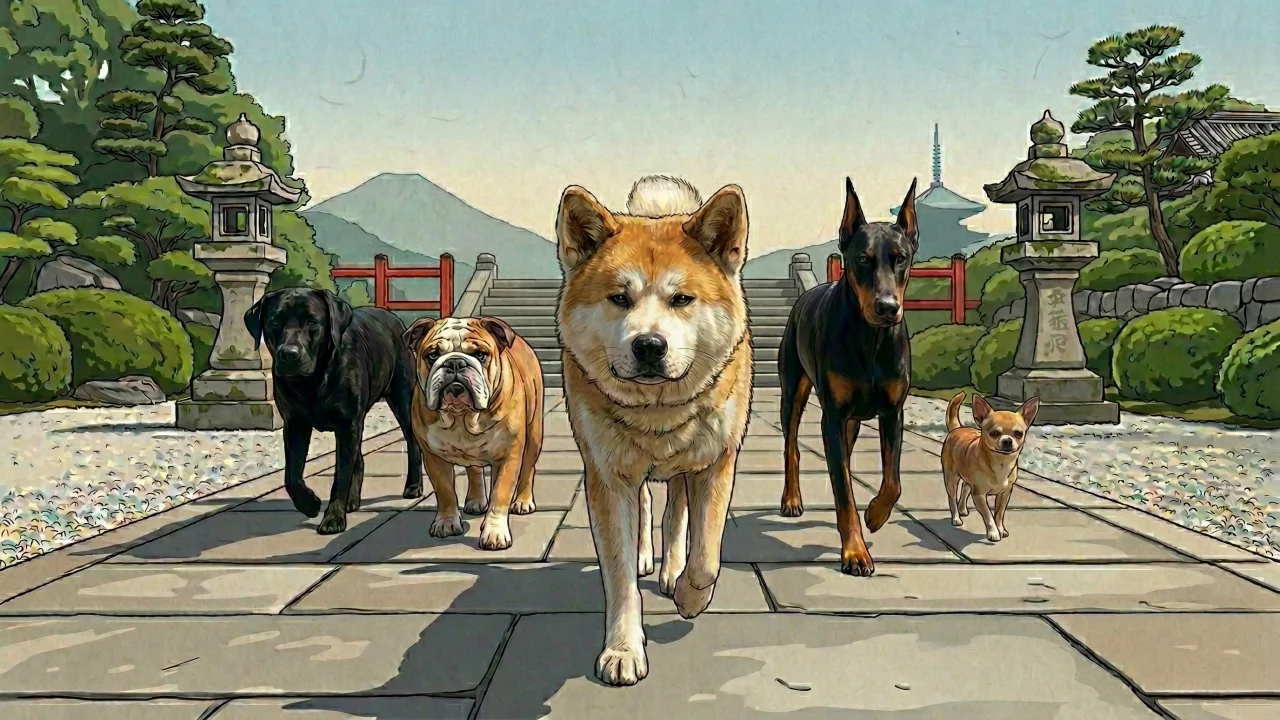 日本庭園を闊歩する犬の軍団（イラスト） デスクトップPC壁紙、背景画像