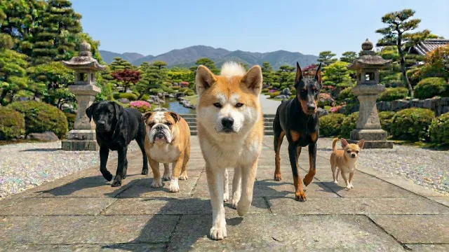 日本庭園を闊歩する犬の軍団