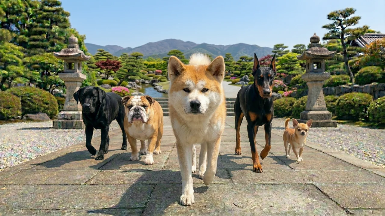 日本庭園を闊歩する犬の軍団 デスクトップPC壁紙、背景画像