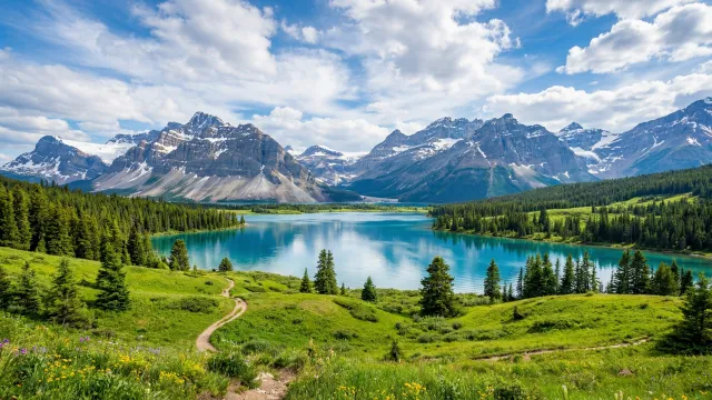 エメラルドグリーンの湖と雪山の絶景