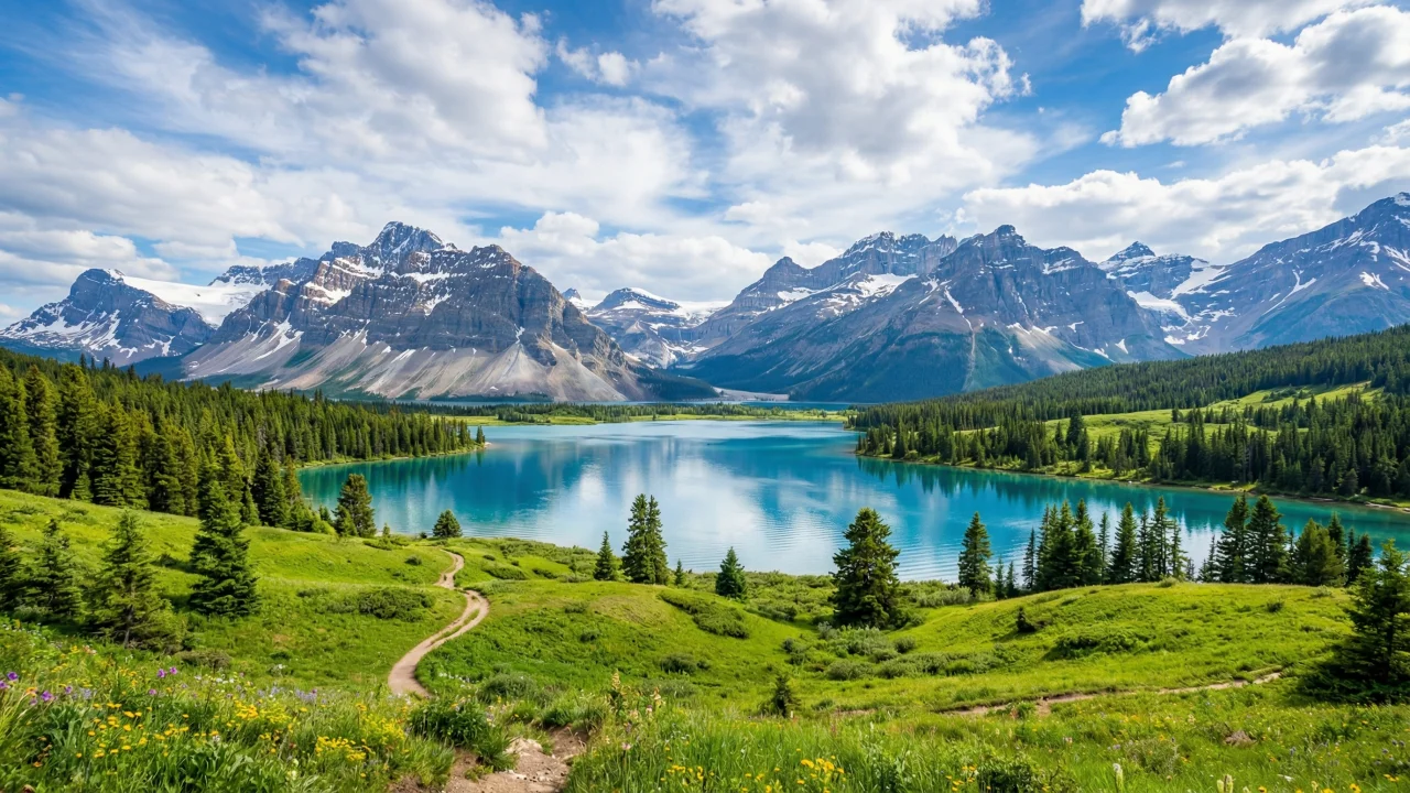エメラルドグリーンの湖と雪山の絶景 デスクトップPC壁紙、背景画像