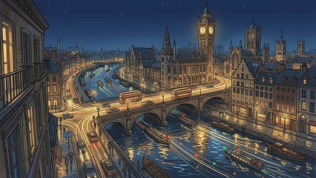 ヨーロッパ風夜の街と川のイラスト 光跡と時計塔