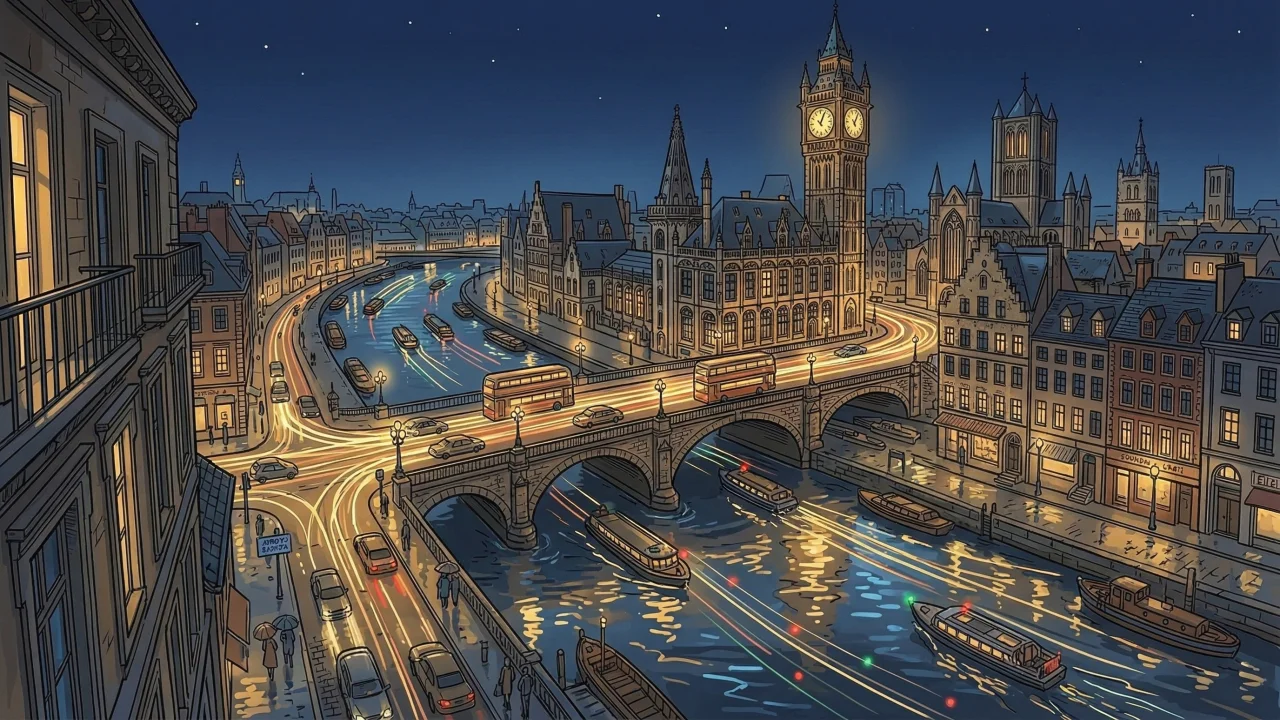 ヨーロッパ風夜の街と川のイラスト 光跡と時計塔 デスクトップPC壁紙、背景画像