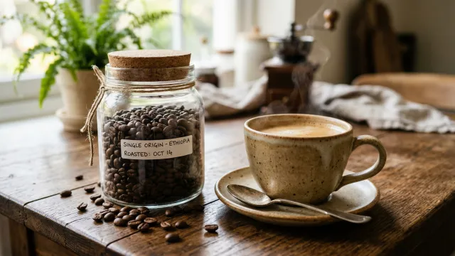 コーヒー豆のガラス瓶と湯気立つカップ