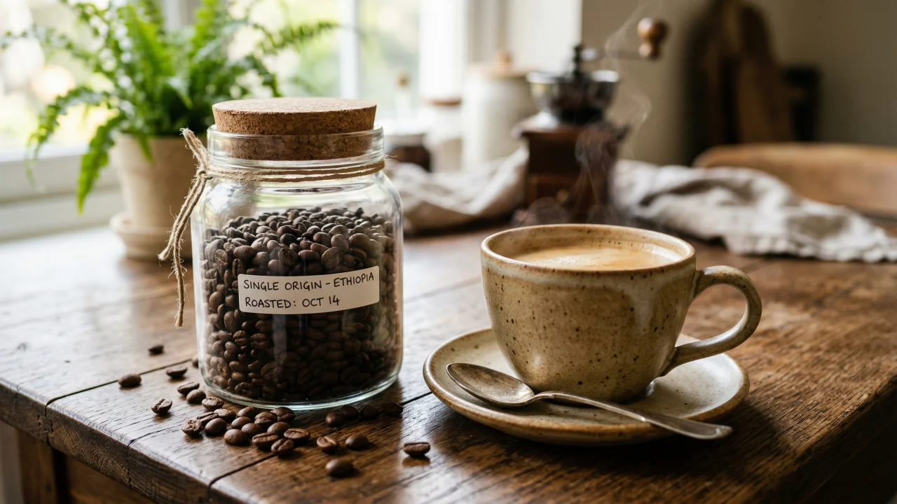 コーヒー豆のガラス瓶と湯気立つカップ デスクトップPC壁紙、背景画像