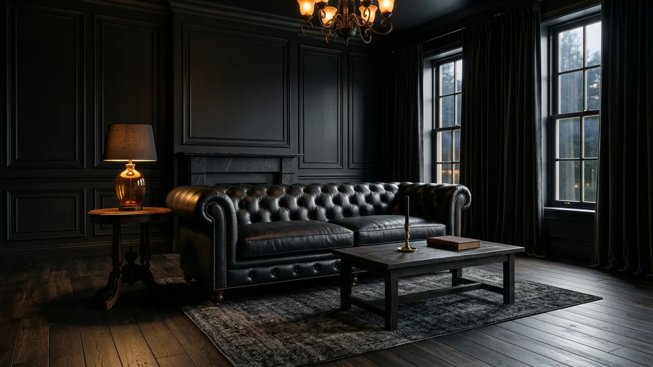 ゴシックダークなリビングルームと黒いチェスターフィールドソファ デスクトップPC壁紙、背景画像