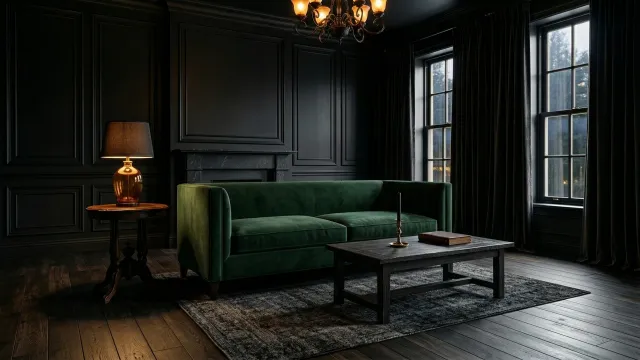 ゴシックダークなリビングルームとエメラルドグリーンのベルベットソファ