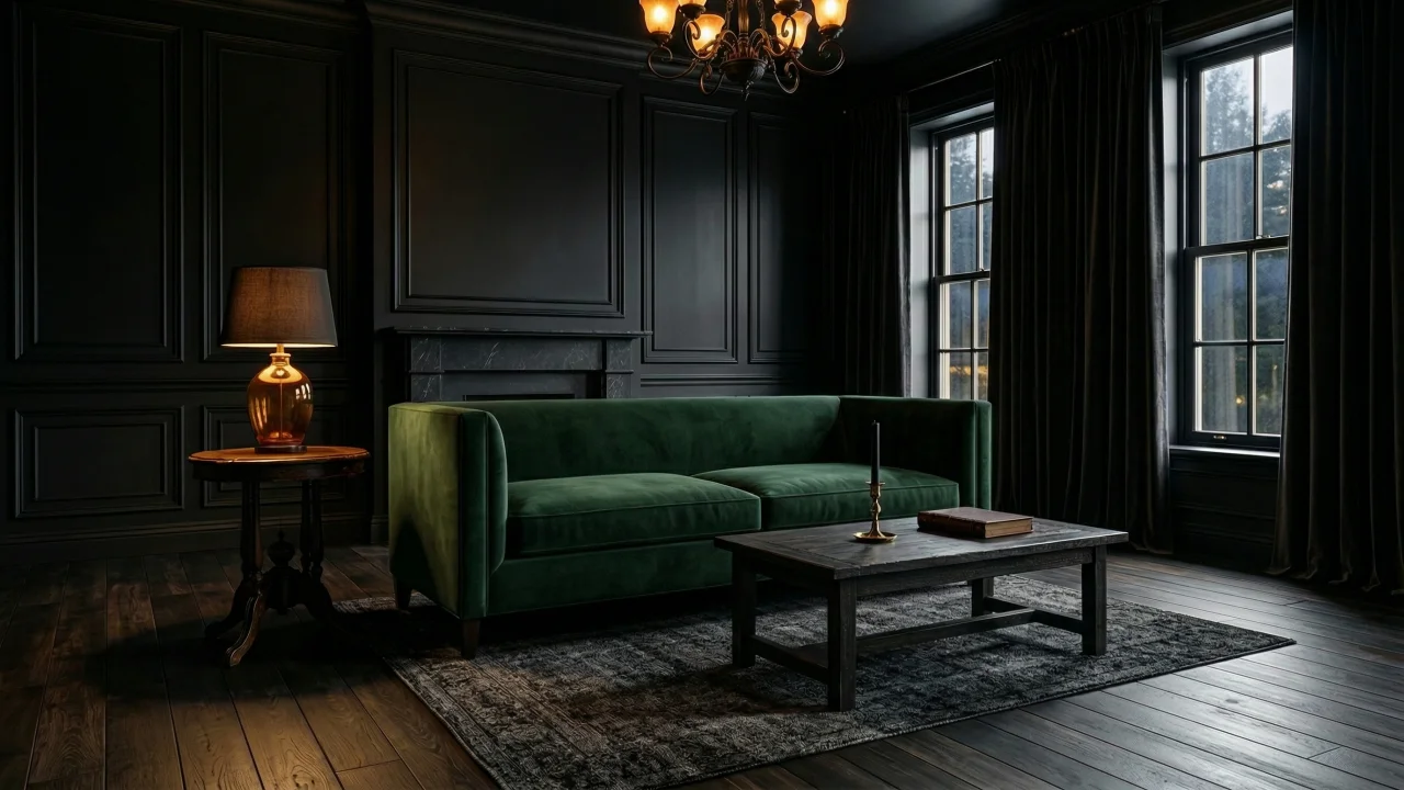 ゴシックダークなリビングルームとエメラルドグリーンのベルベットソファ デスクトップPC壁紙、背景画像