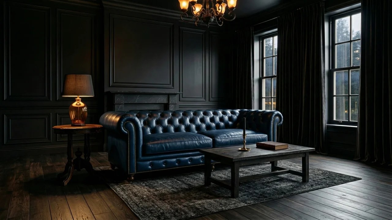 ゴシックダークなリビングルームとネイビーのチェスターフィールドソファ デスクトップPC壁紙、背景画像